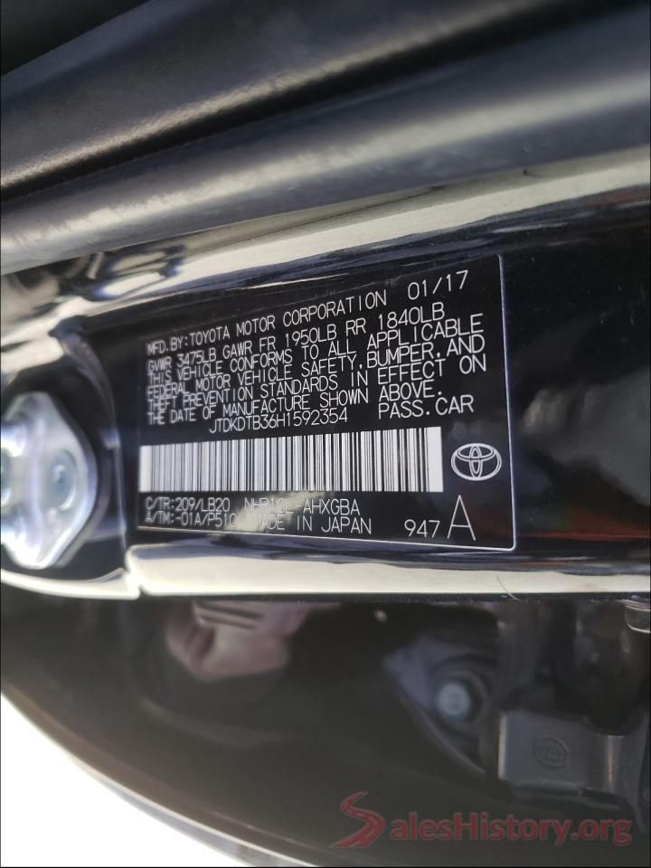 JTDKDTB36H1592354 2017 TOYOTA PRIUS