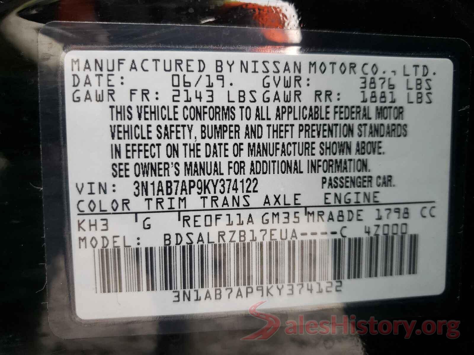 3N1AB7AP9KY374122 2019 NISSAN SENTRA