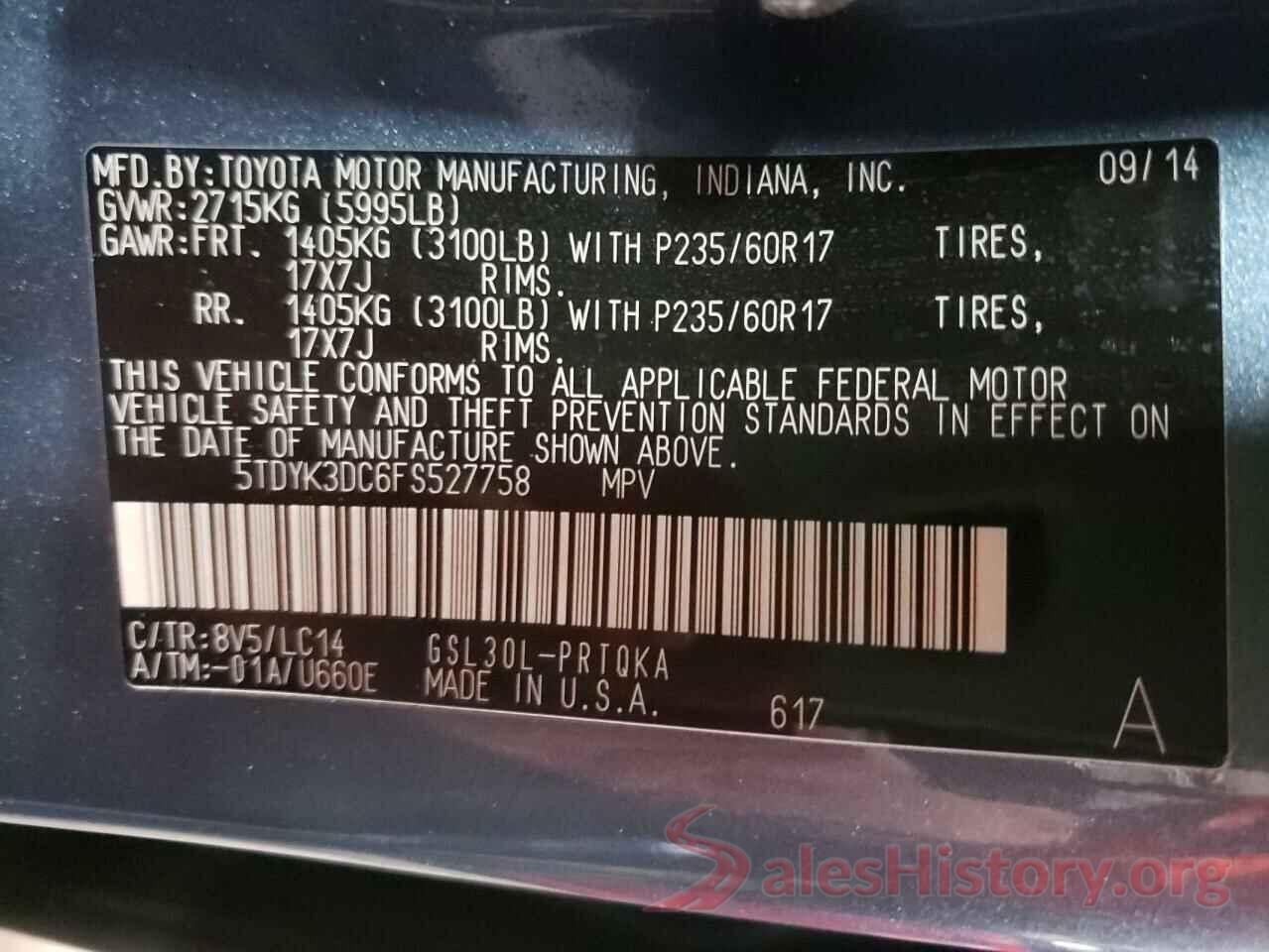 5TDYK3DC6FS527758 2015 TOYOTA SIENNA