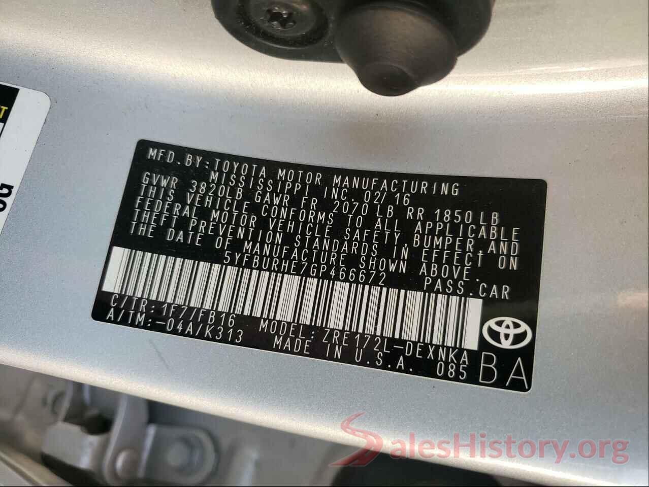 5YFBURHE7GP466672 2016 TOYOTA COROLLA