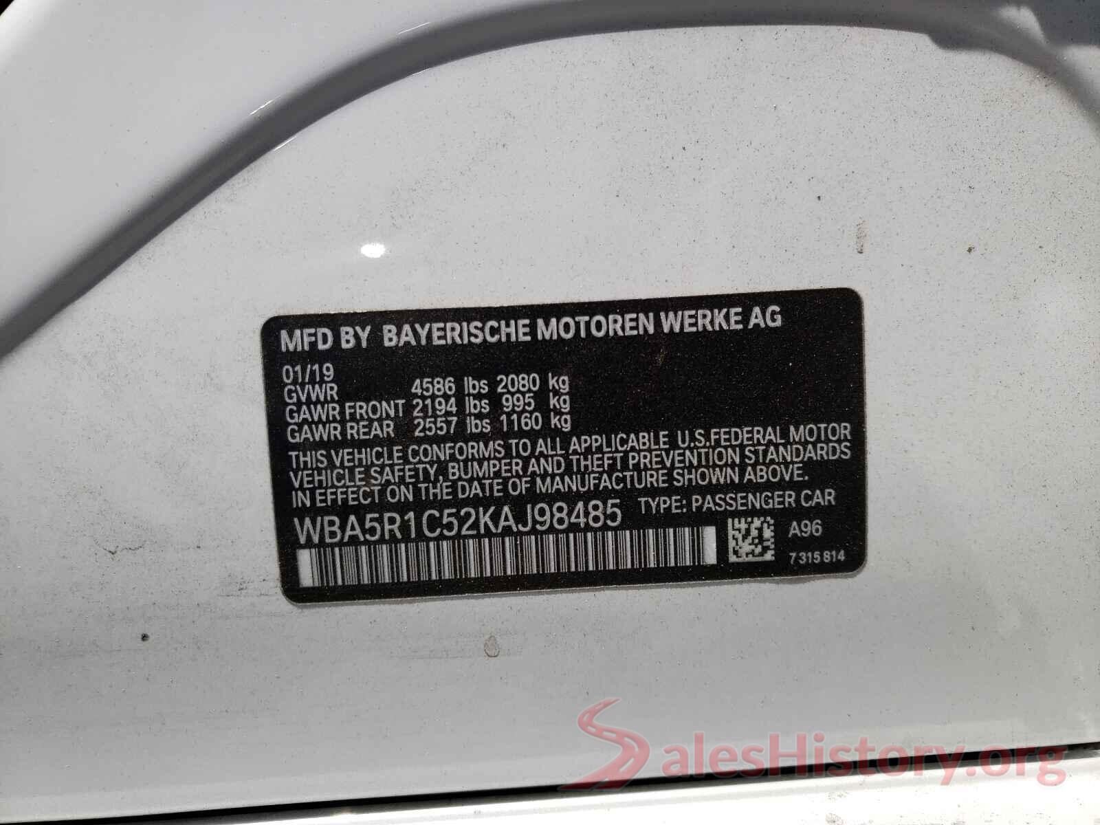 WBA5R1C52KAJ98485 2019 BMW 3 SERIES