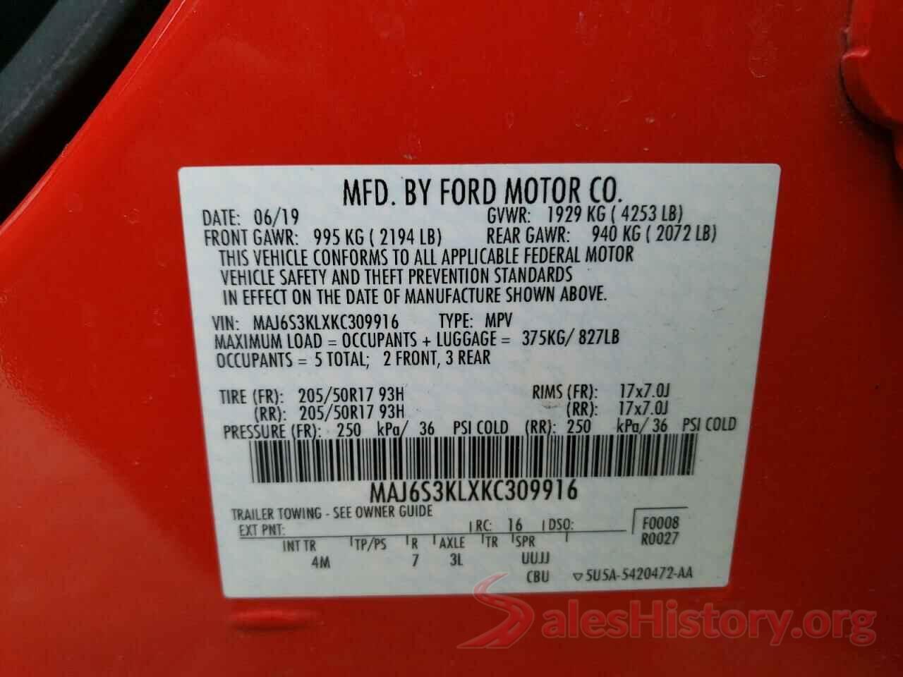 MAJ6S3KLXKC309916 2019 FORD ECOSPORT