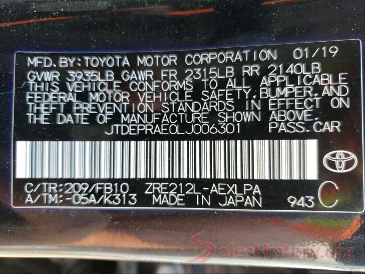 JTDEPRAE0LJ006301 2020 TOYOTA COROLLA