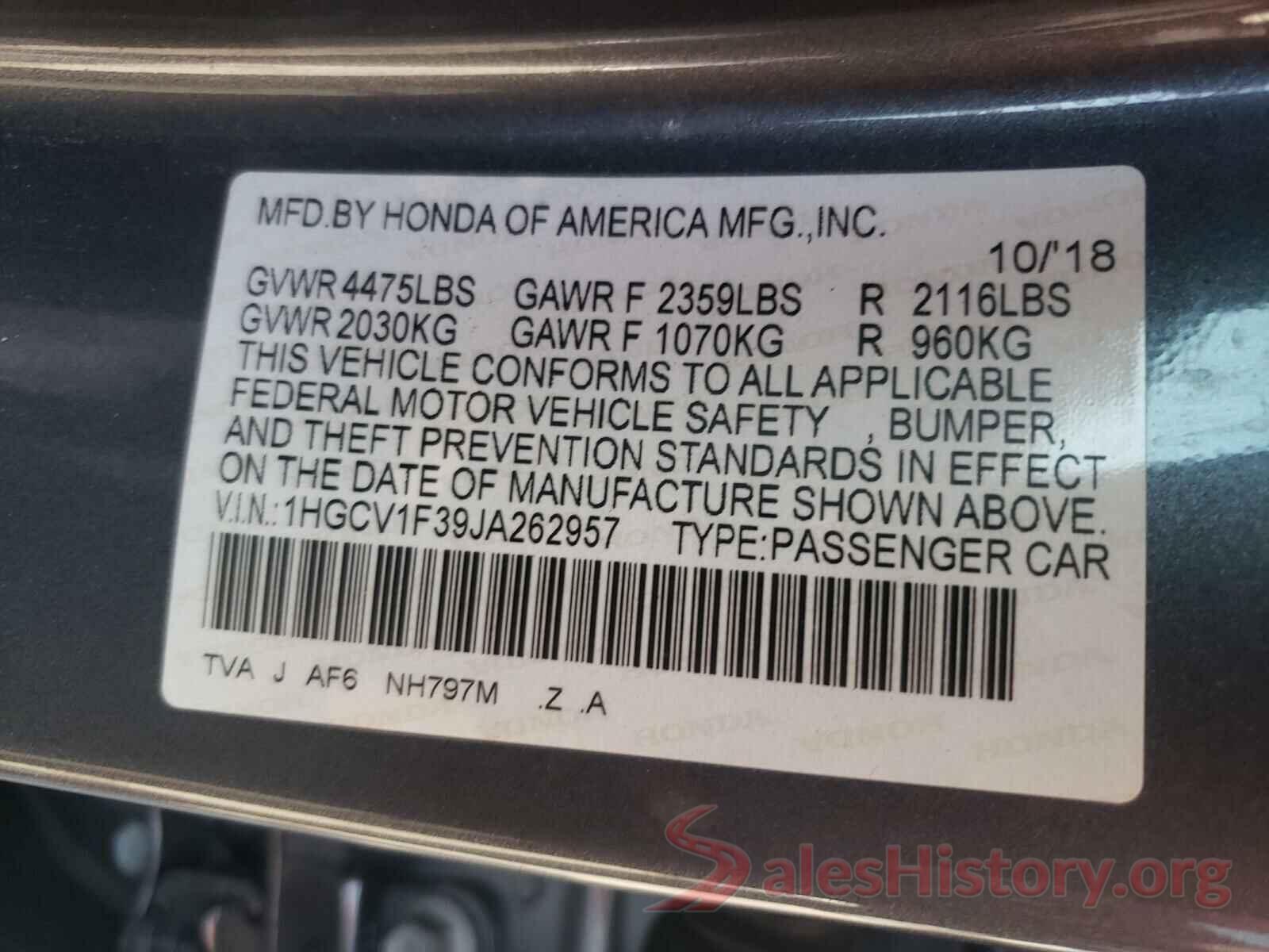 1HGCV1F39JA262957 2018 HONDA ACCORD