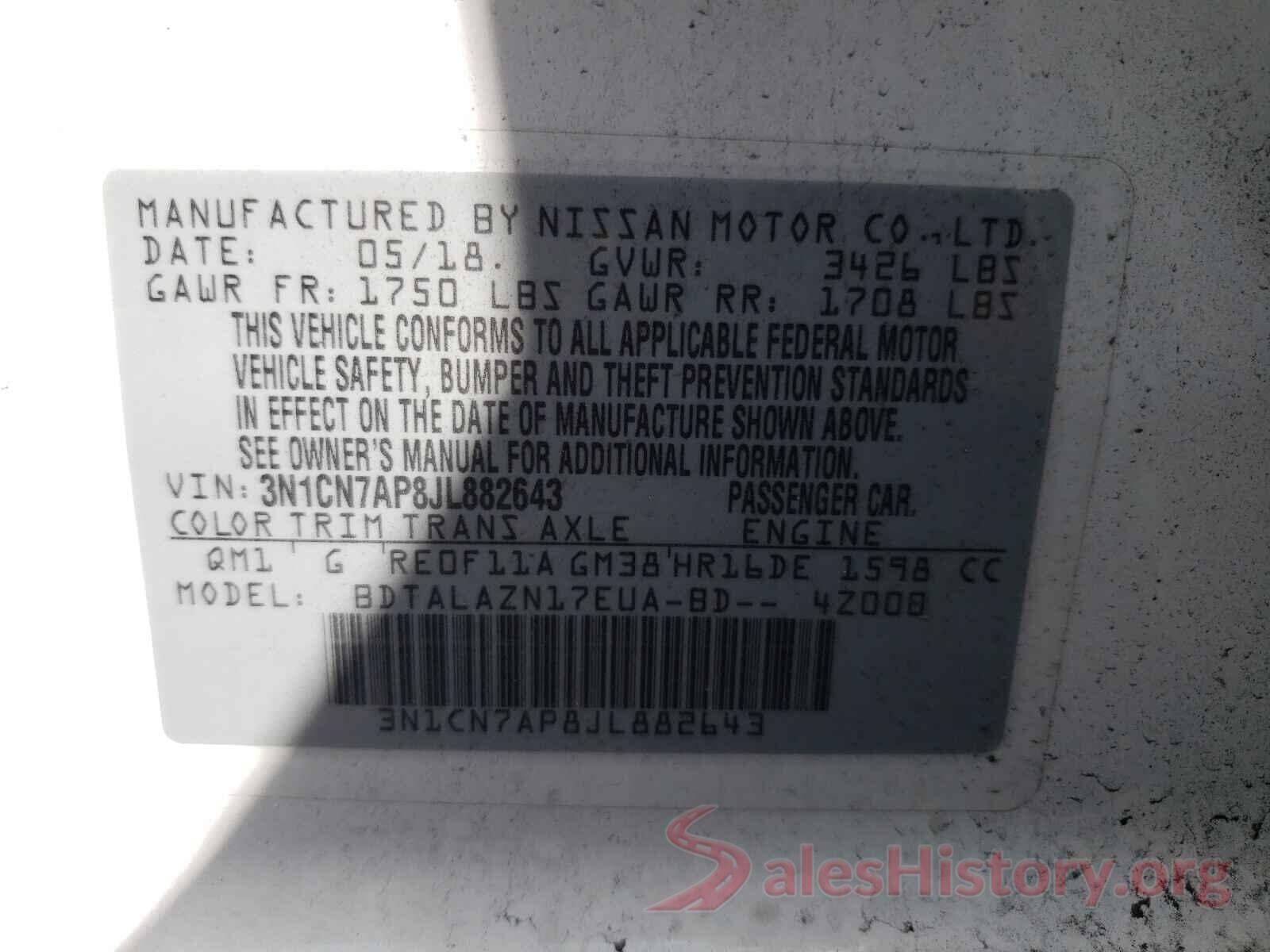 3N1CN7AP8JL882643 2018 NISSAN VERSA