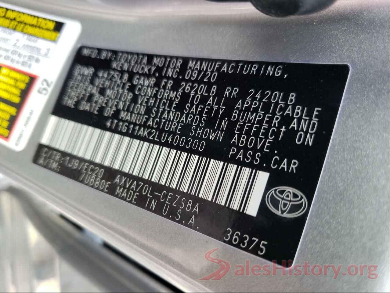 4T1G11AK2LU400300 2020 TOYOTA CAMRY