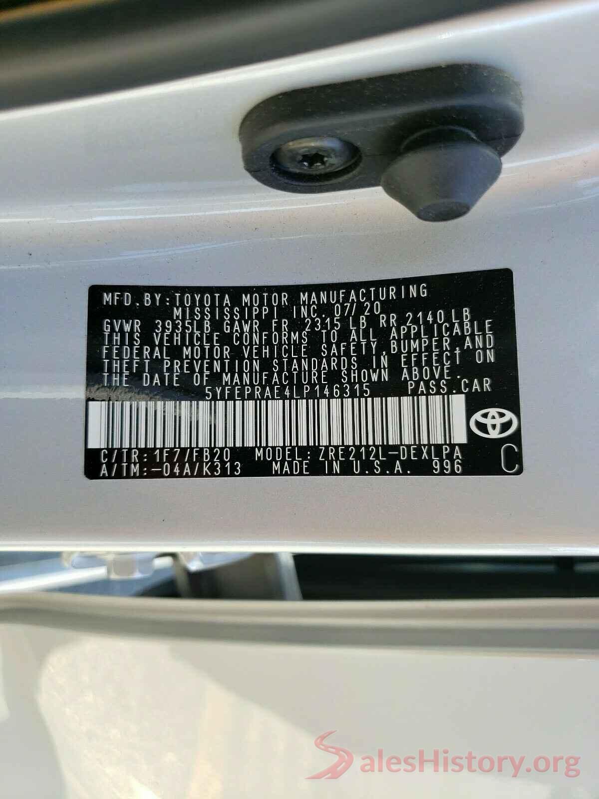 5YFEPRAE4LP146315 2020 TOYOTA COROLLA