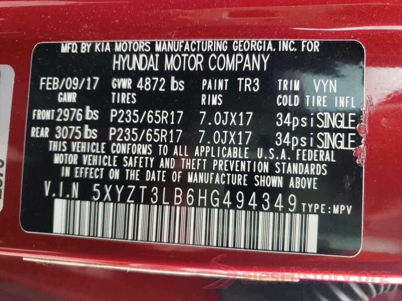 5XYZT3LB6HG494349 2017 HYUNDAI SANTA FE