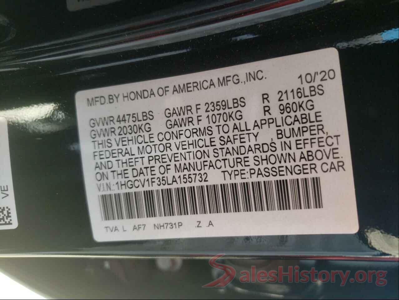 1HGCV1F35LA155732 2020 HONDA ACCORD