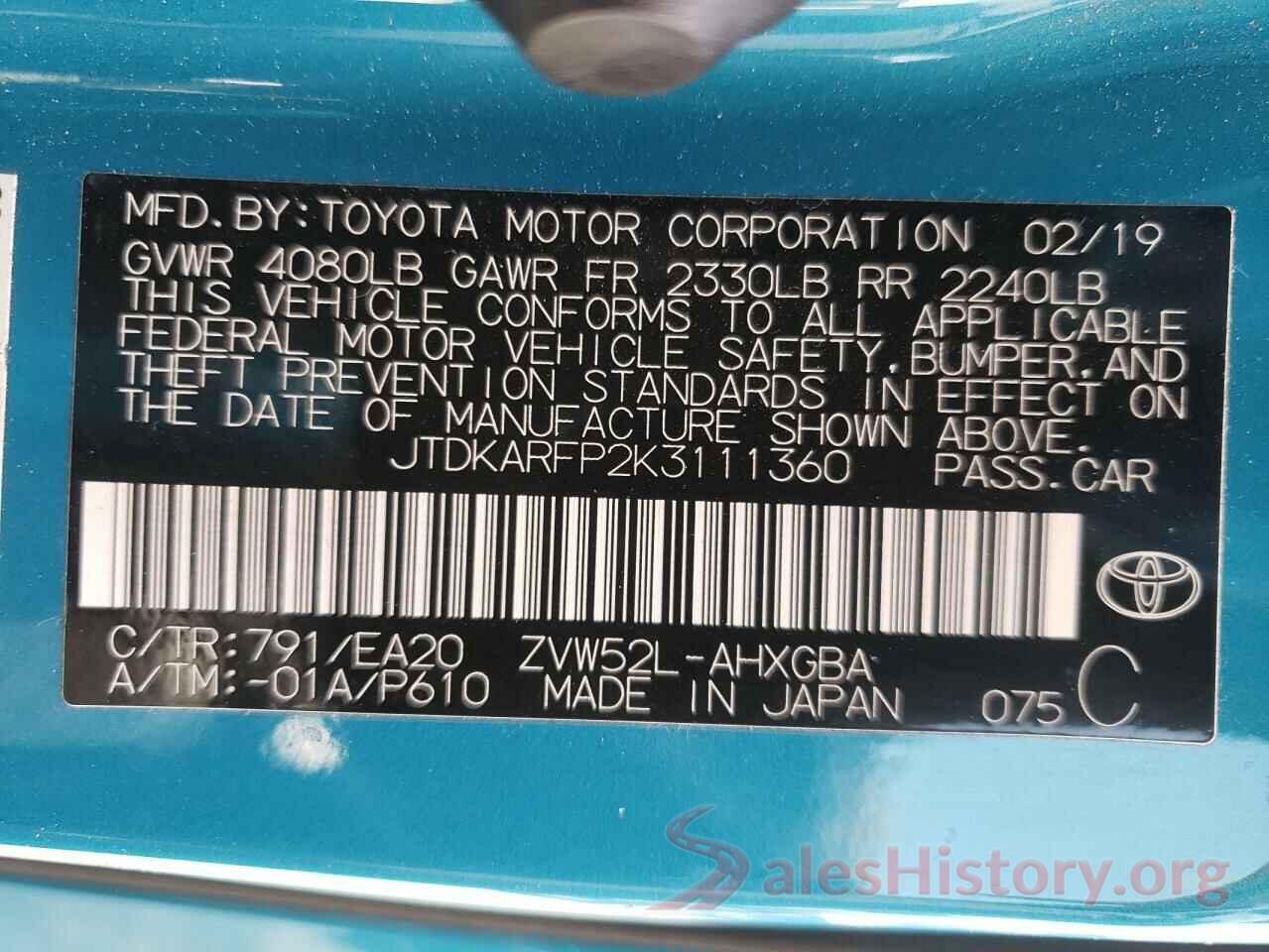 JTDKARFP2K3111360 2019 TOYOTA PRIUS