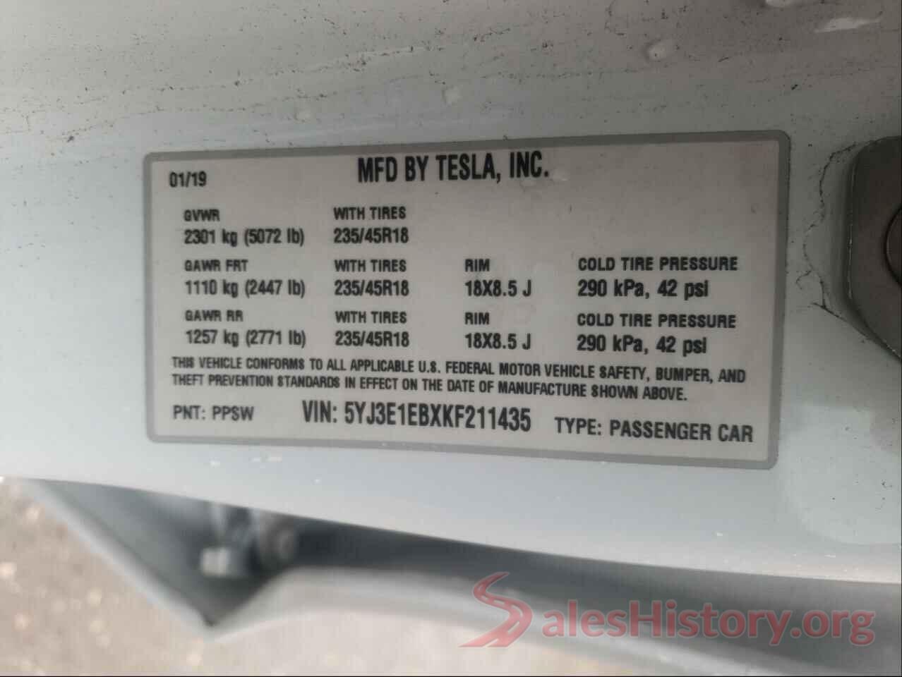 5YJ3E1EBXKF211435 2019 TESLA MODEL 3