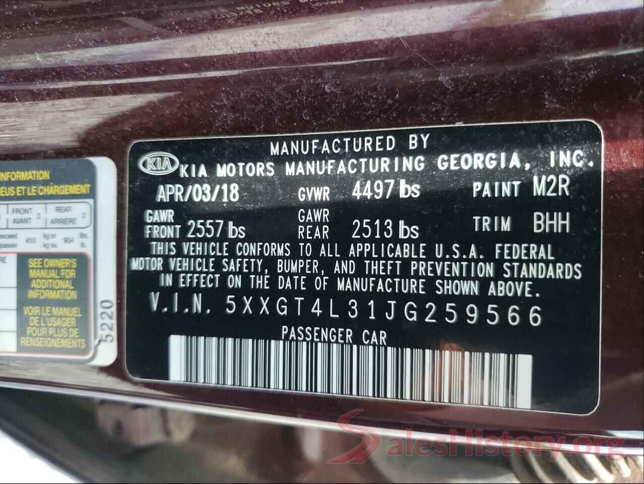 5XXGT4L31JG259566 2018 KIA OPTIMA