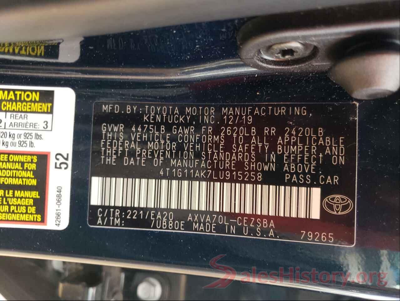 4T1G11AK7LU915258 2020 TOYOTA CAMRY