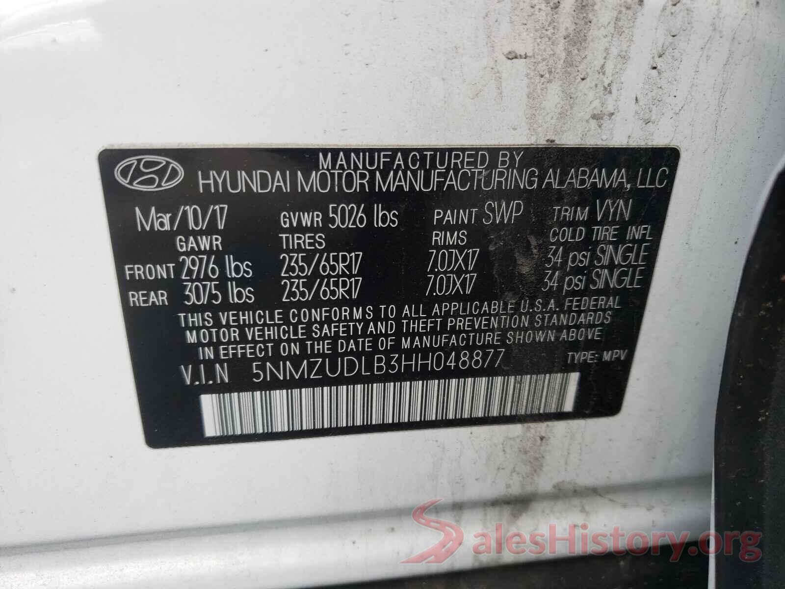 5NMZUDLB3HH048877 2017 HYUNDAI SANTA FE