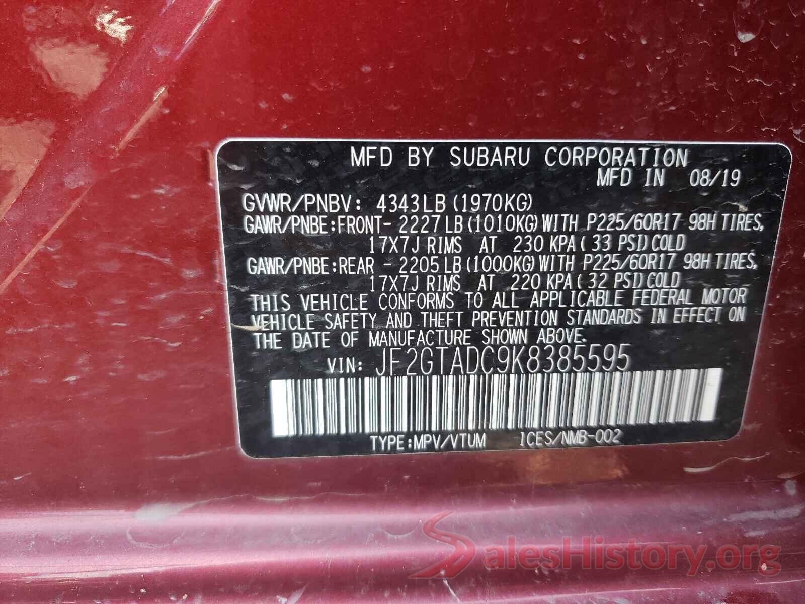 JF2GTADC9K8385595 2019 SUBARU CROSSTREK