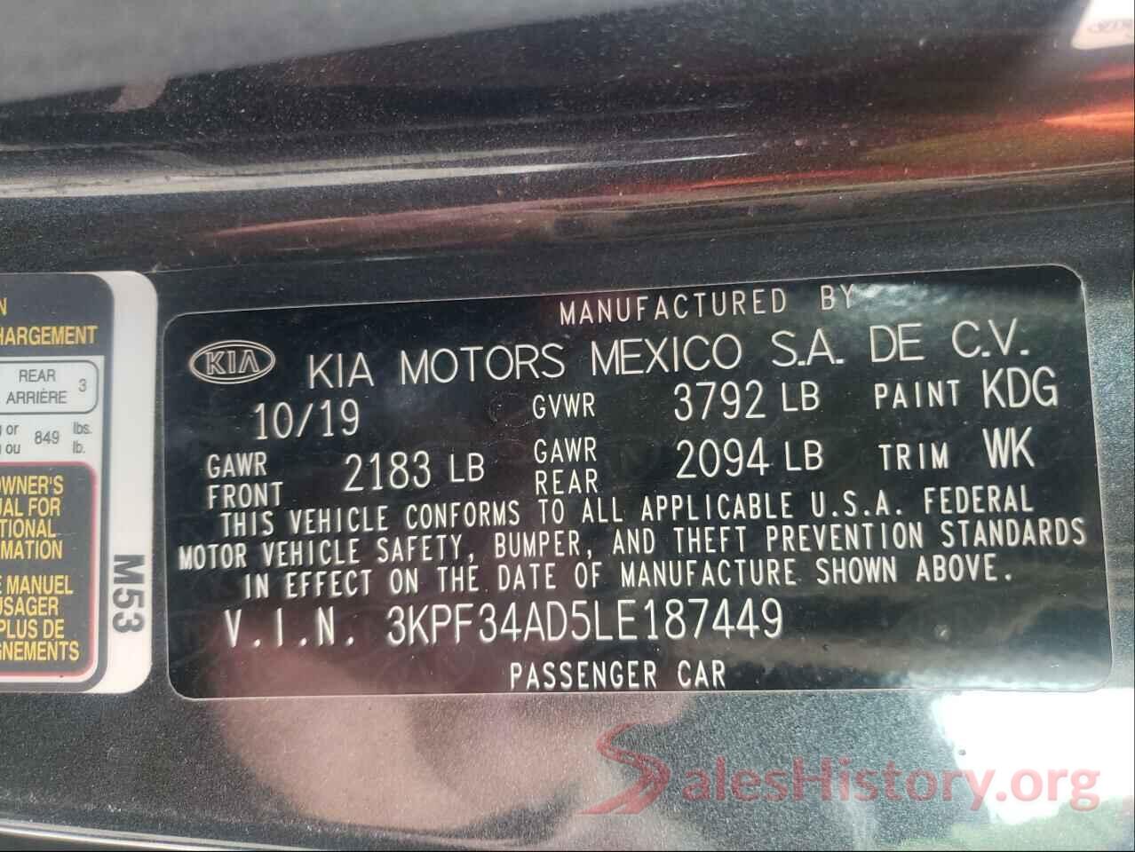 3KPF34AD5LE187449 2020 KIA FORTE