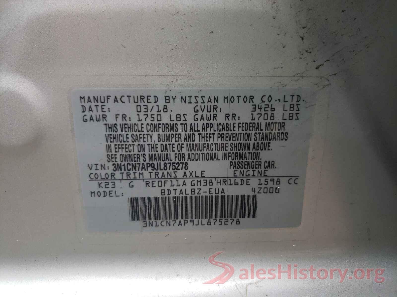 3N1CN7AP9JL875278 2018 NISSAN VERSA