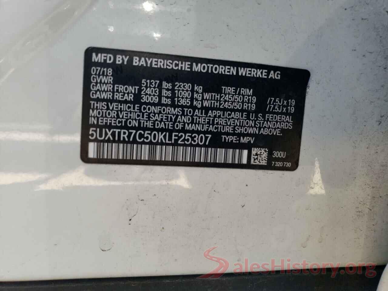 5UXTR7C50KLF25307 2019 BMW X3