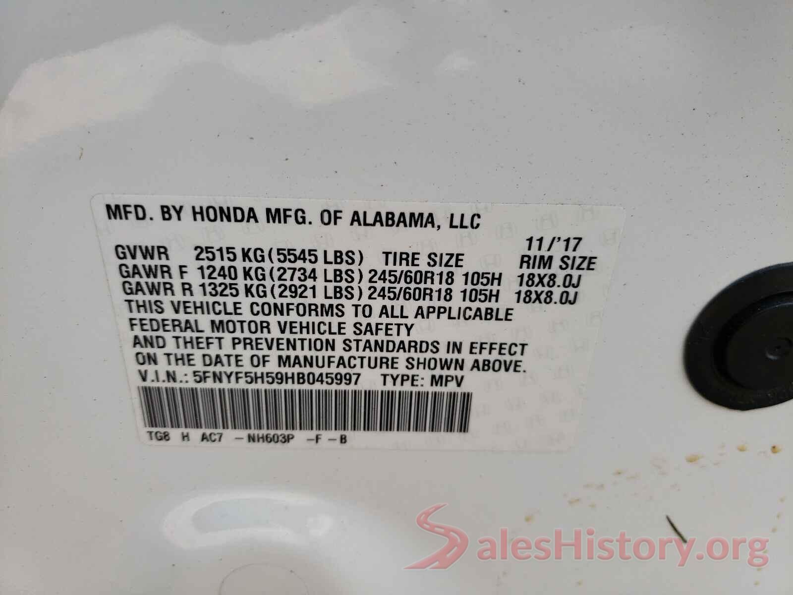 5FNYF5H59HB045997 2017 HONDA PILOT