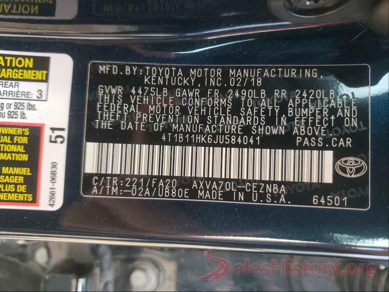 4T1B11HK6JU584041 2018 TOYOTA CAMRY