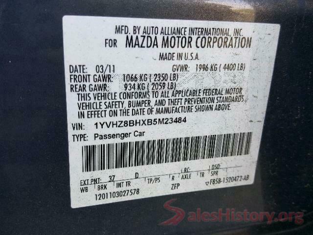 1YVHZ8BHXB5M23484 2011 MAZDA 6