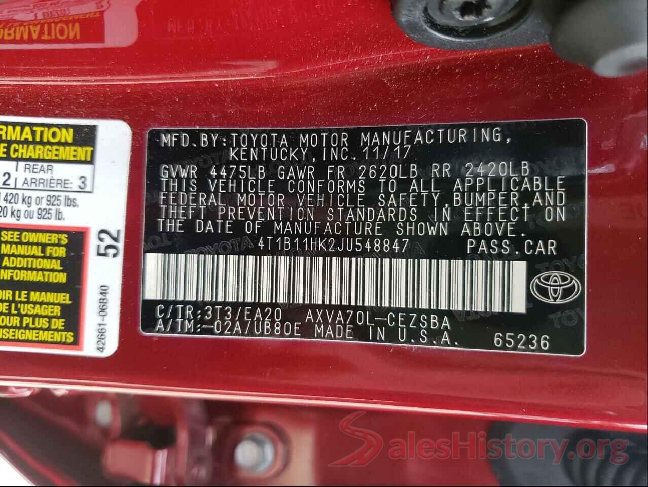 4T1B11HK2JU548847 2018 TOYOTA CAMRY