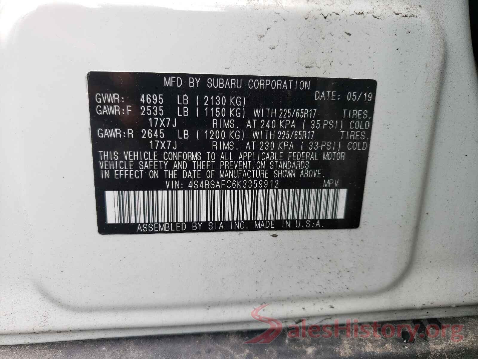 4S4BSAFC6K3359912 2019 SUBARU OUTBACK