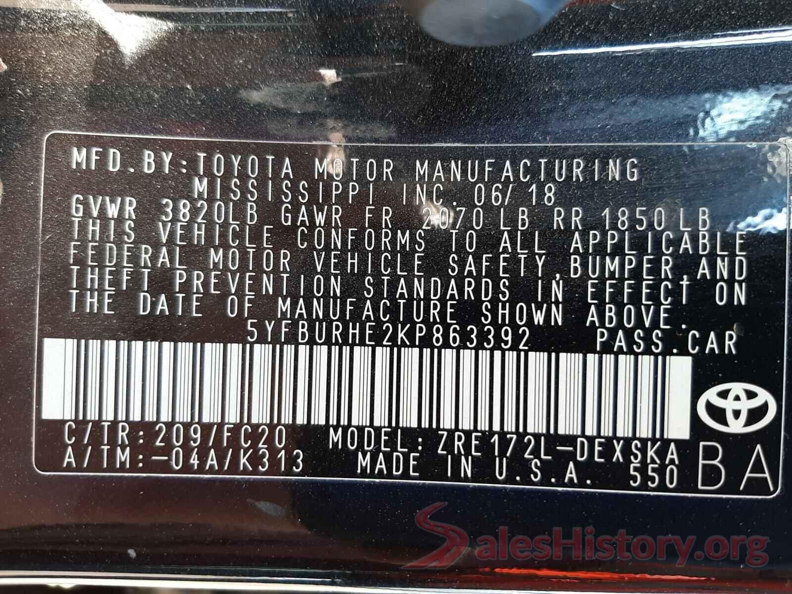 5YFBURHE2KP863392 2019 TOYOTA COROLLA