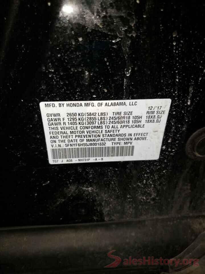 5FNYF6H55JB001832 2018 HONDA PILOT