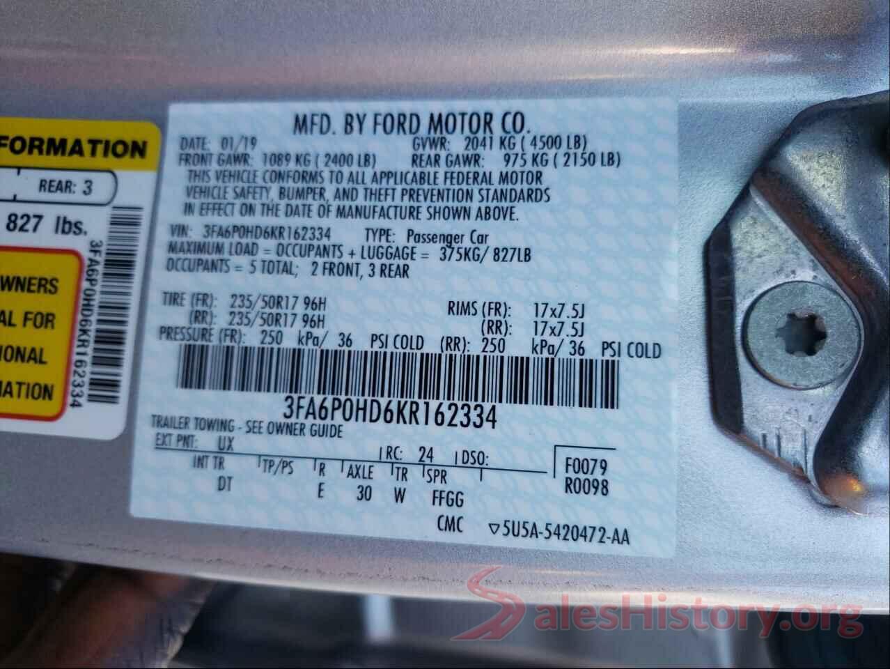 3FA6P0HD6KR162334 2019 FORD FUSION