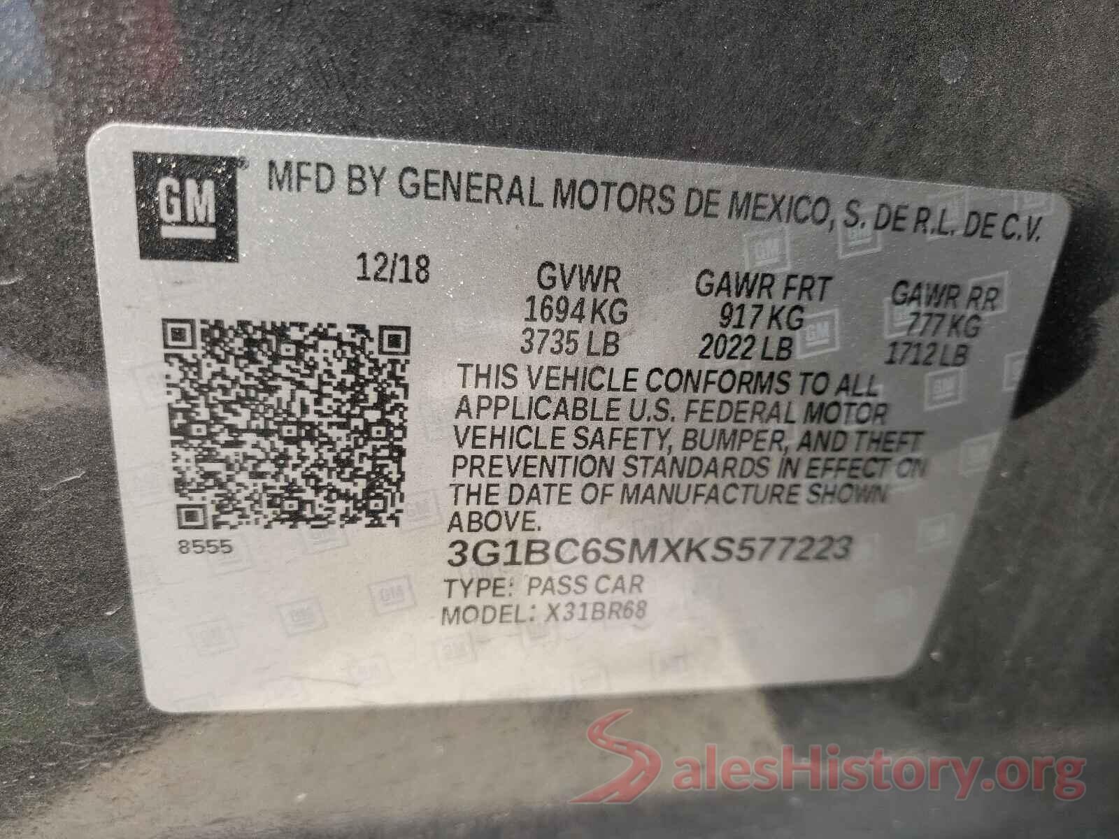 3G1BC6SMXKS577223 2019 CHEVROLET CRUZE