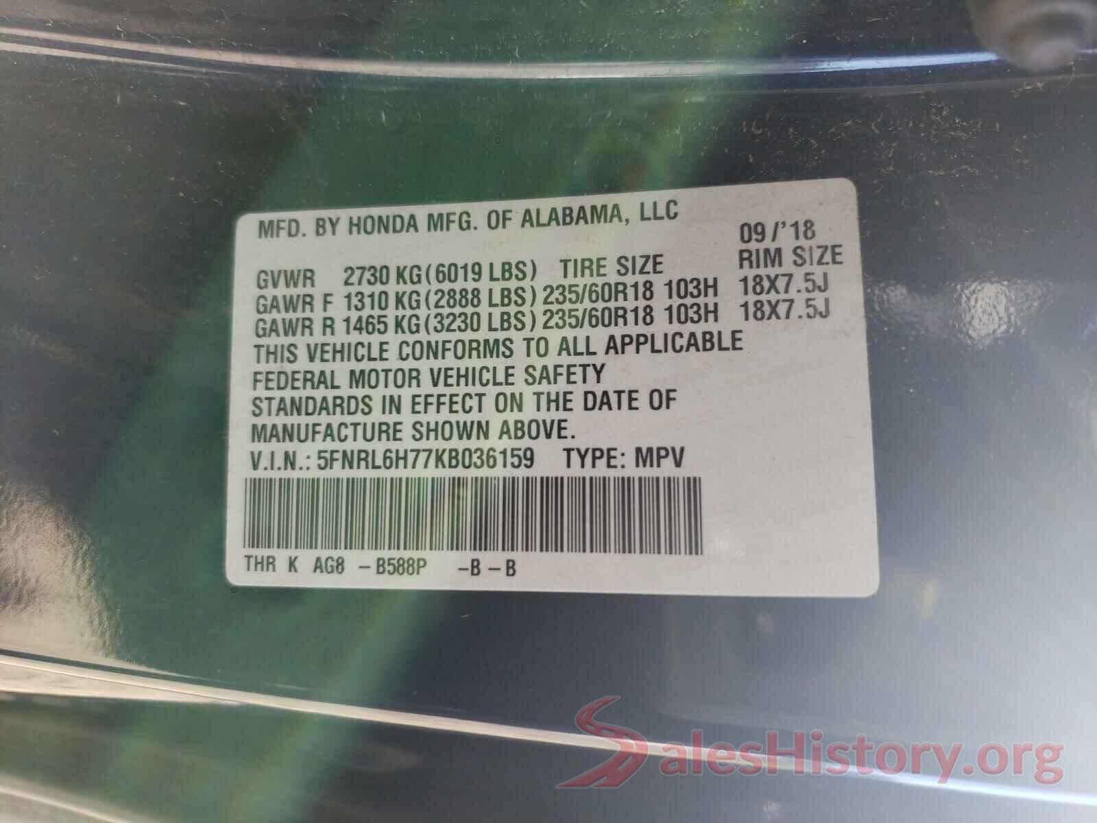 5FNRL6H77KB036159 2019 HONDA ODYSSEY