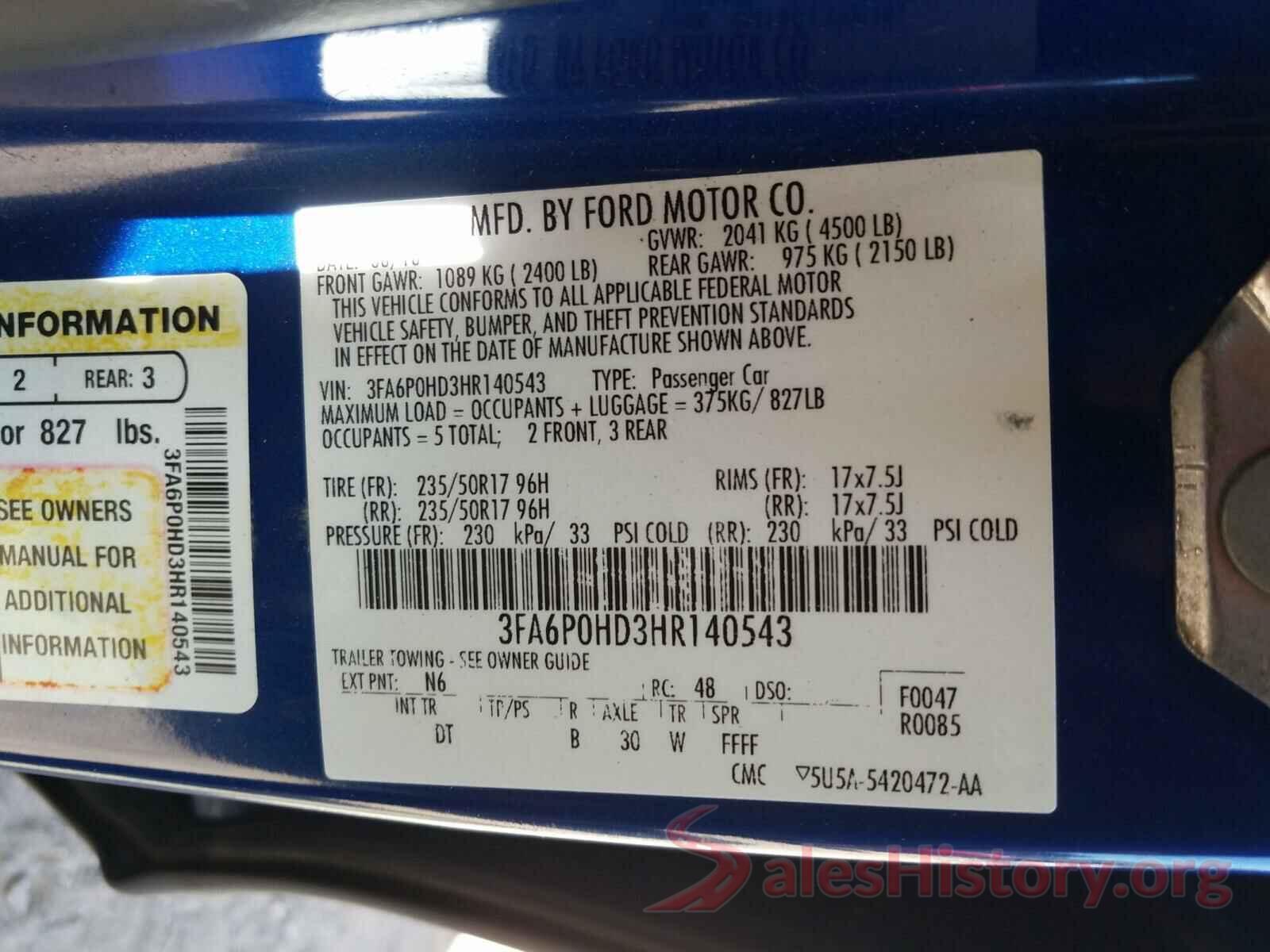 3FA6P0HD3HR140543 2017 FORD FUSION