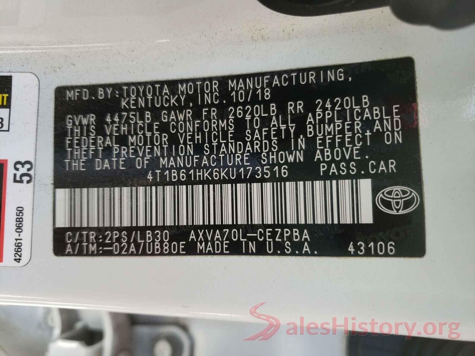 4T1B61HK6KU173516 2019 TOYOTA CAMRY