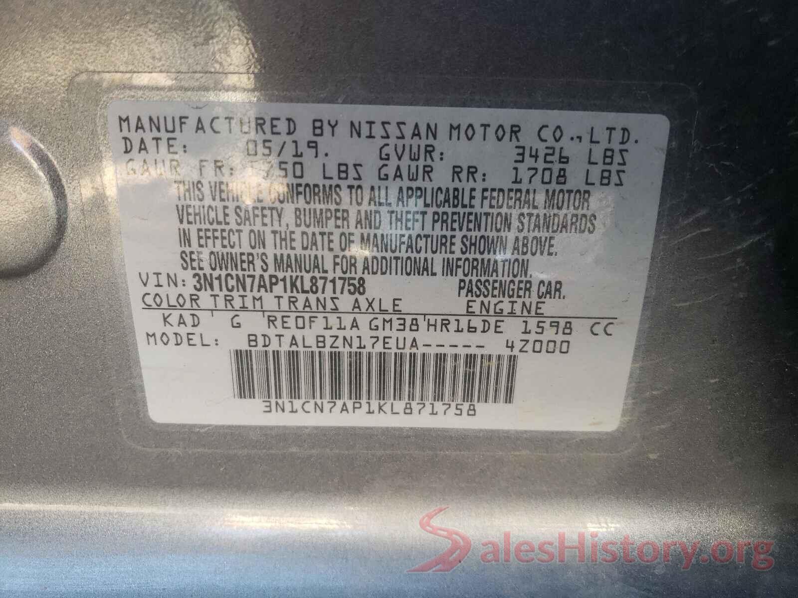 3N1CN7AP1KL871758 2019 NISSAN VERSA