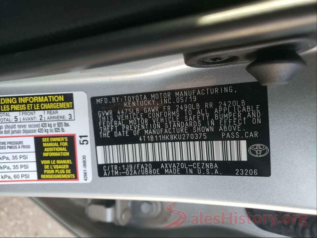 4T1B11HK8KU270375 2019 TOYOTA CAMRY