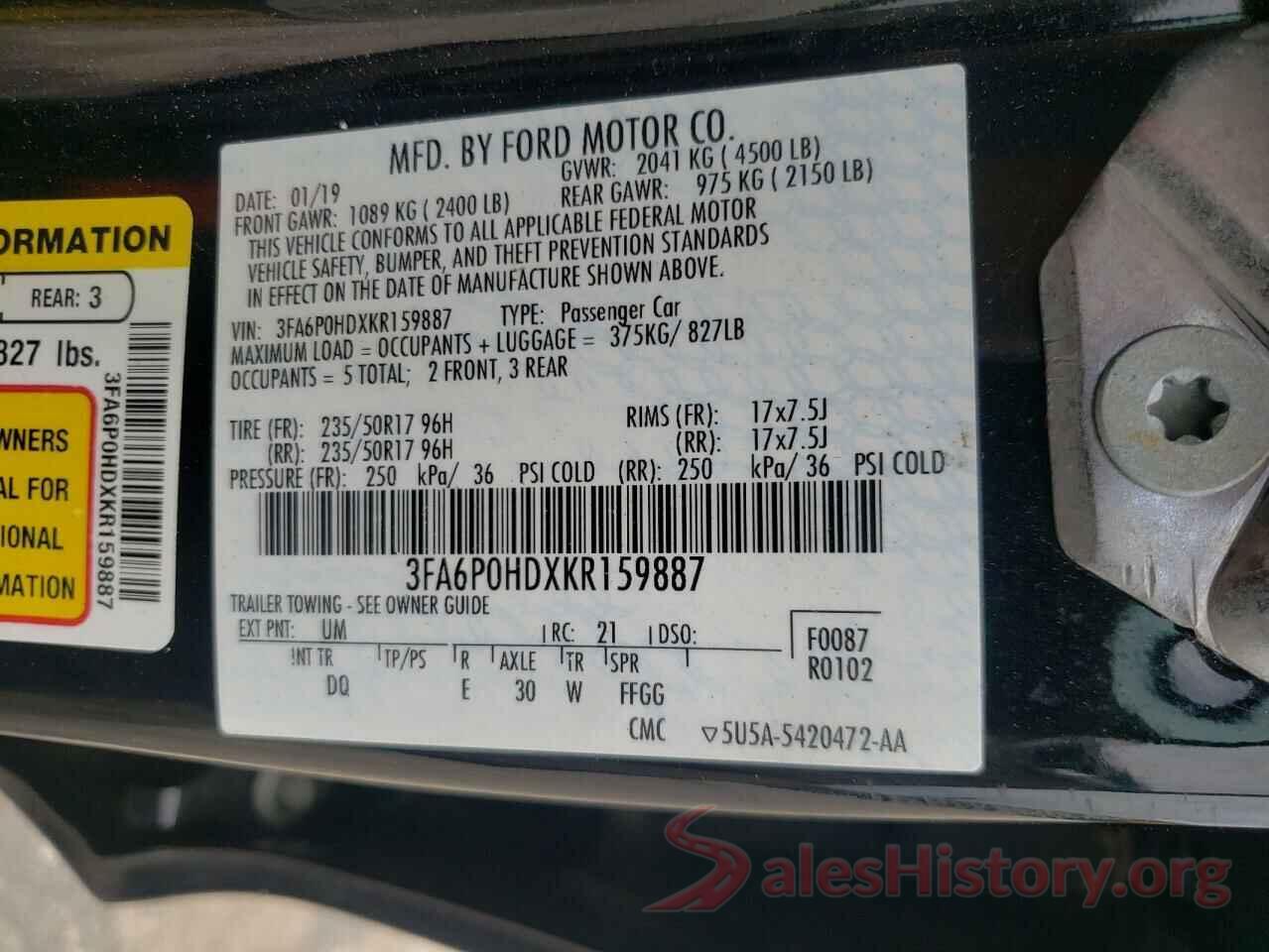 3FA6P0HDXKR159887 2019 FORD FUSION