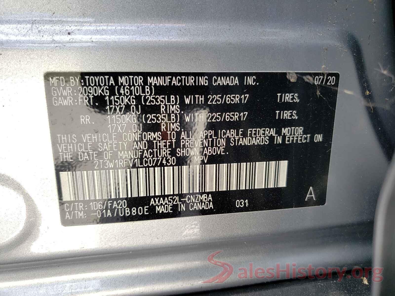 2T3W1RFV1LC077430 2020 TOYOTA RAV4