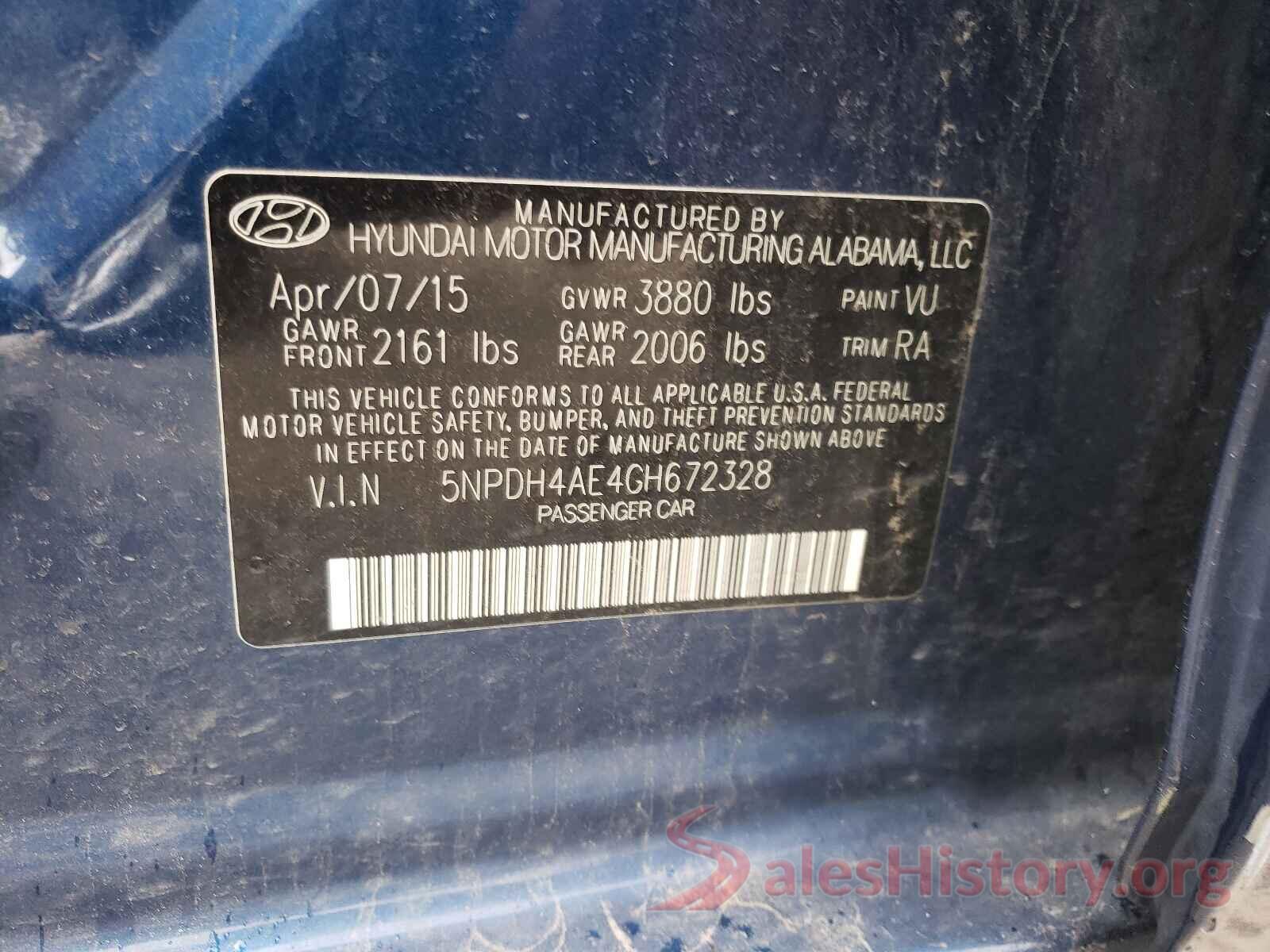 5NPDH4AE4GH672328 2016 HYUNDAI ELANTRA