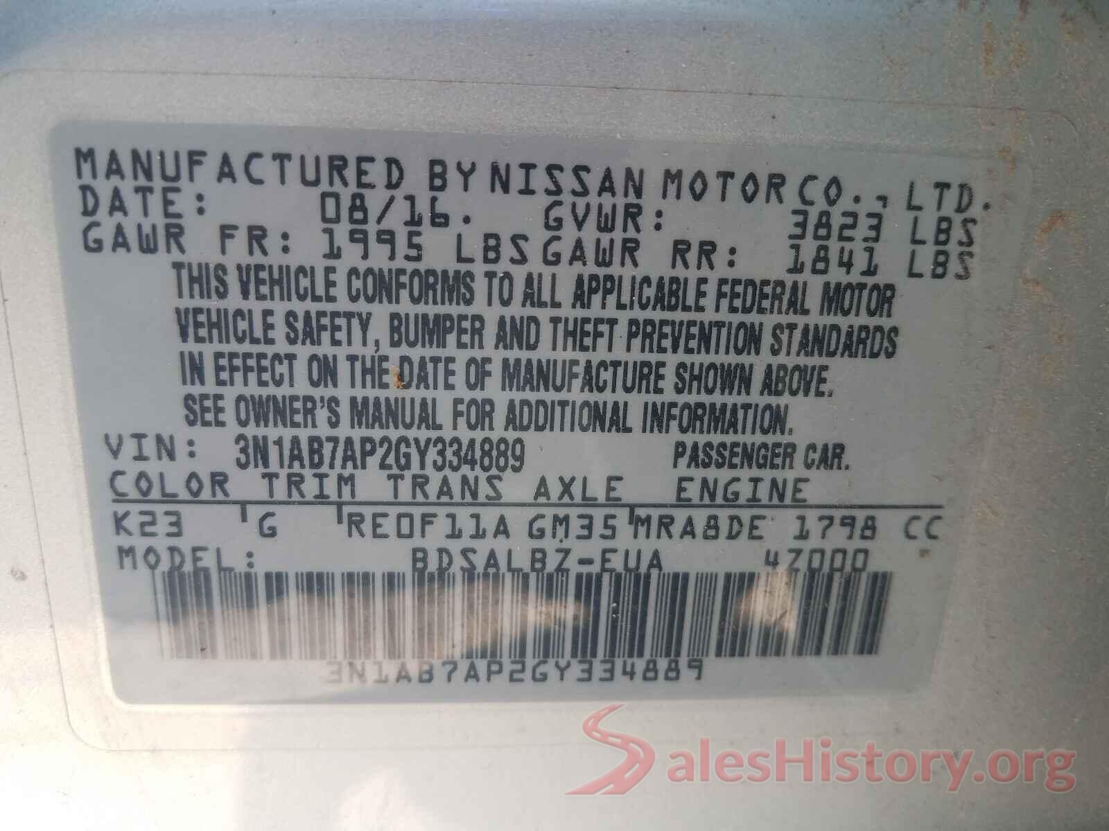 3N1AB7AP2GY334889 2016 NISSAN SENTRA