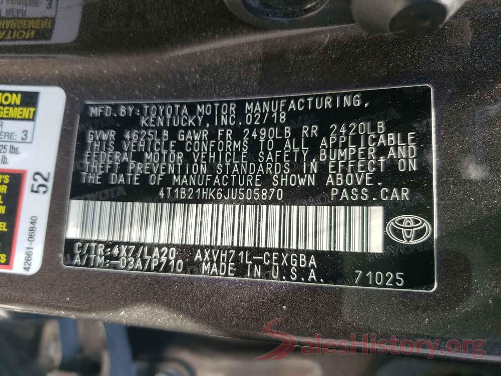 4T1B21HK6JU505870 2018 TOYOTA CAMRY