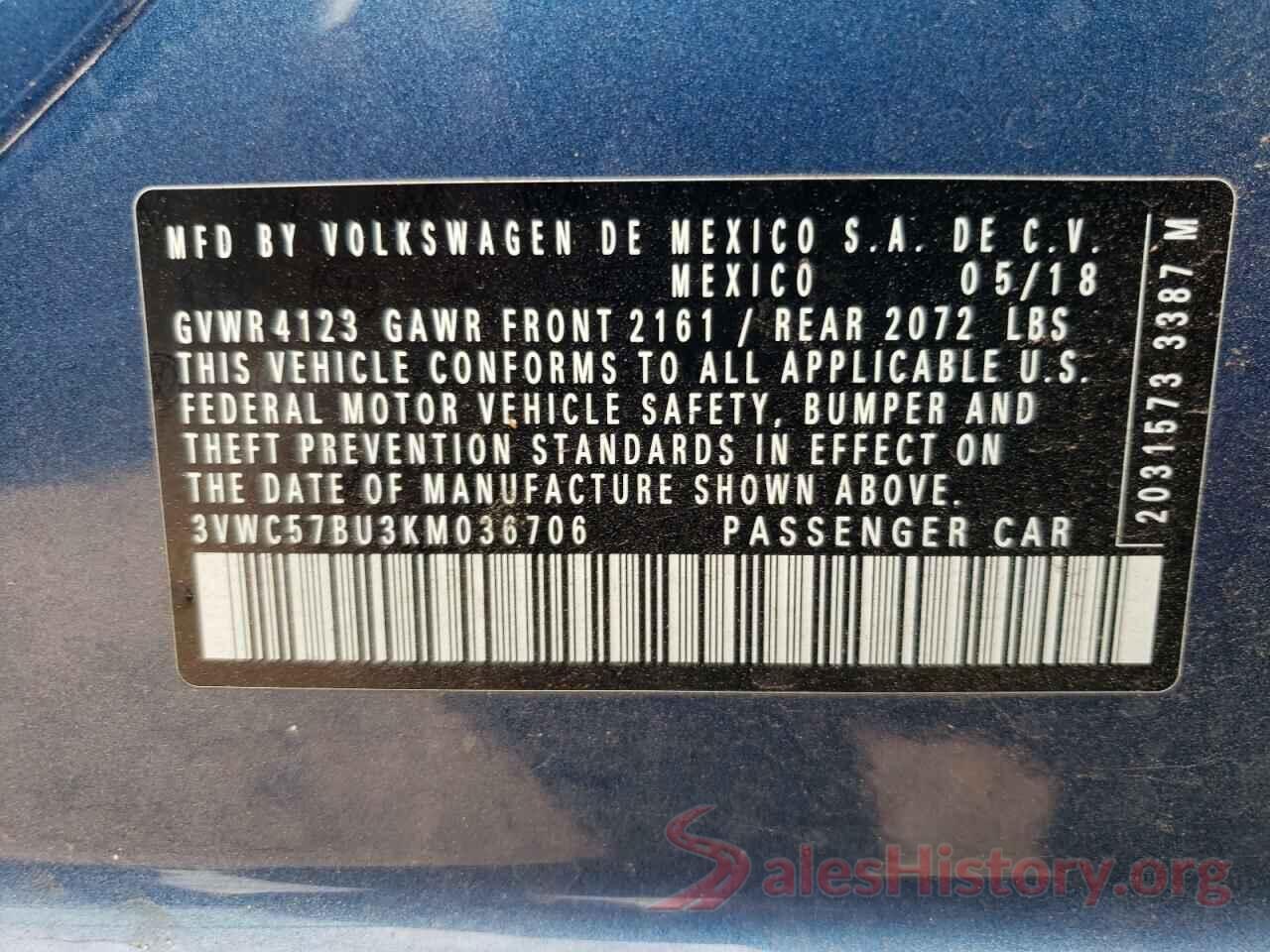 3VWC57BU3KM036706 2019 VOLKSWAGEN JETTA