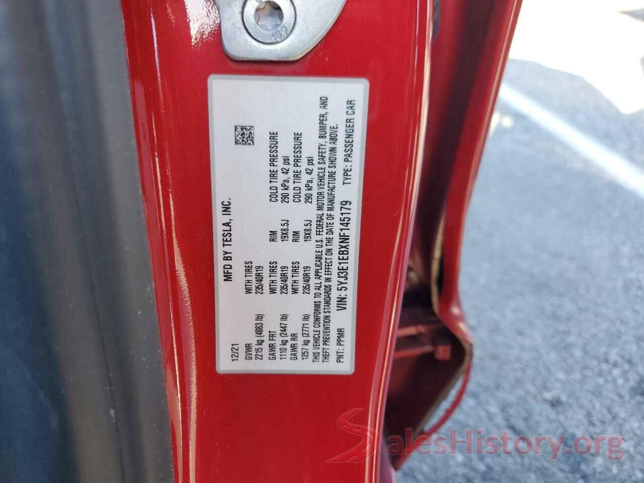 5YJ3E1EBXNF145179 2022 TESLA MODEL 3