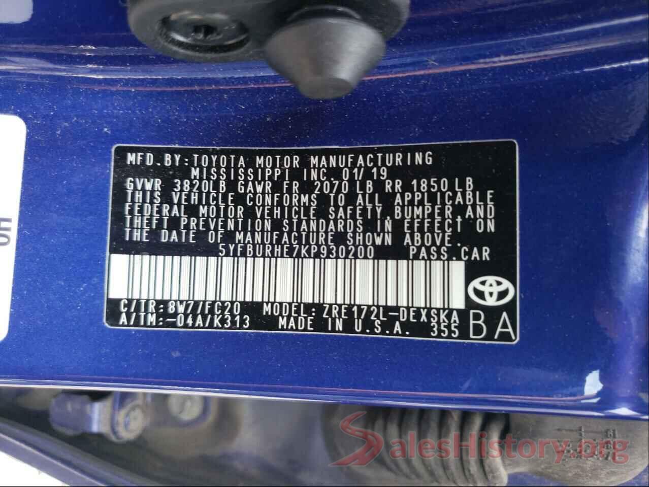 5YFBURHE7KP930200 2019 TOYOTA COROLLA