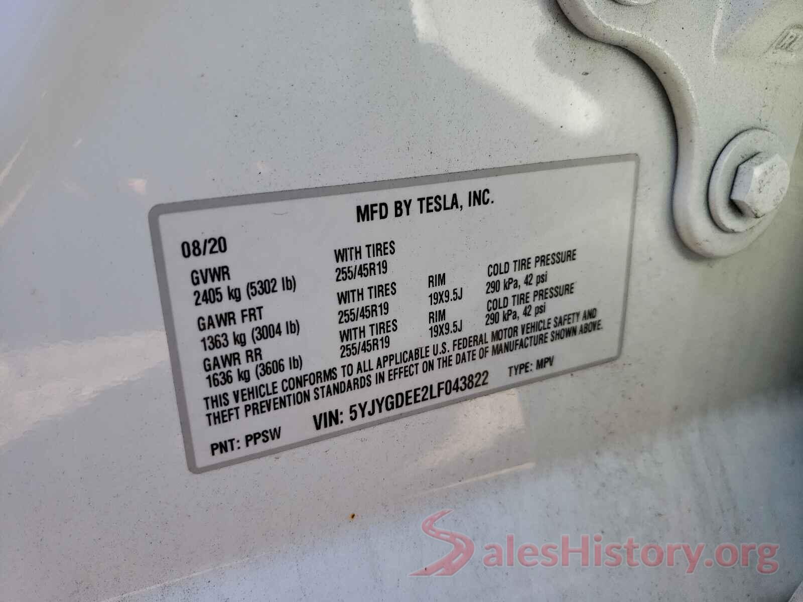 5YJYGDEE2LF043822 2020 TESLA MODEL Y