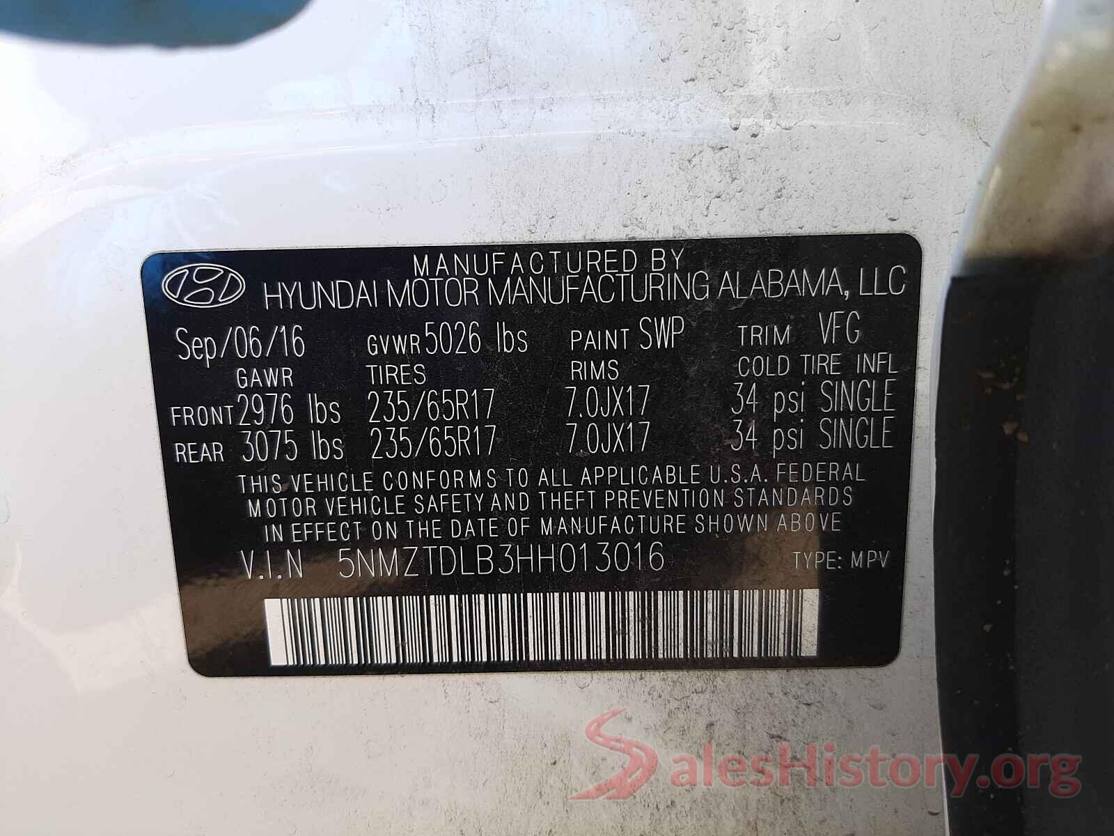 5NMZTDLB3HH013016 2017 HYUNDAI SANTA FE