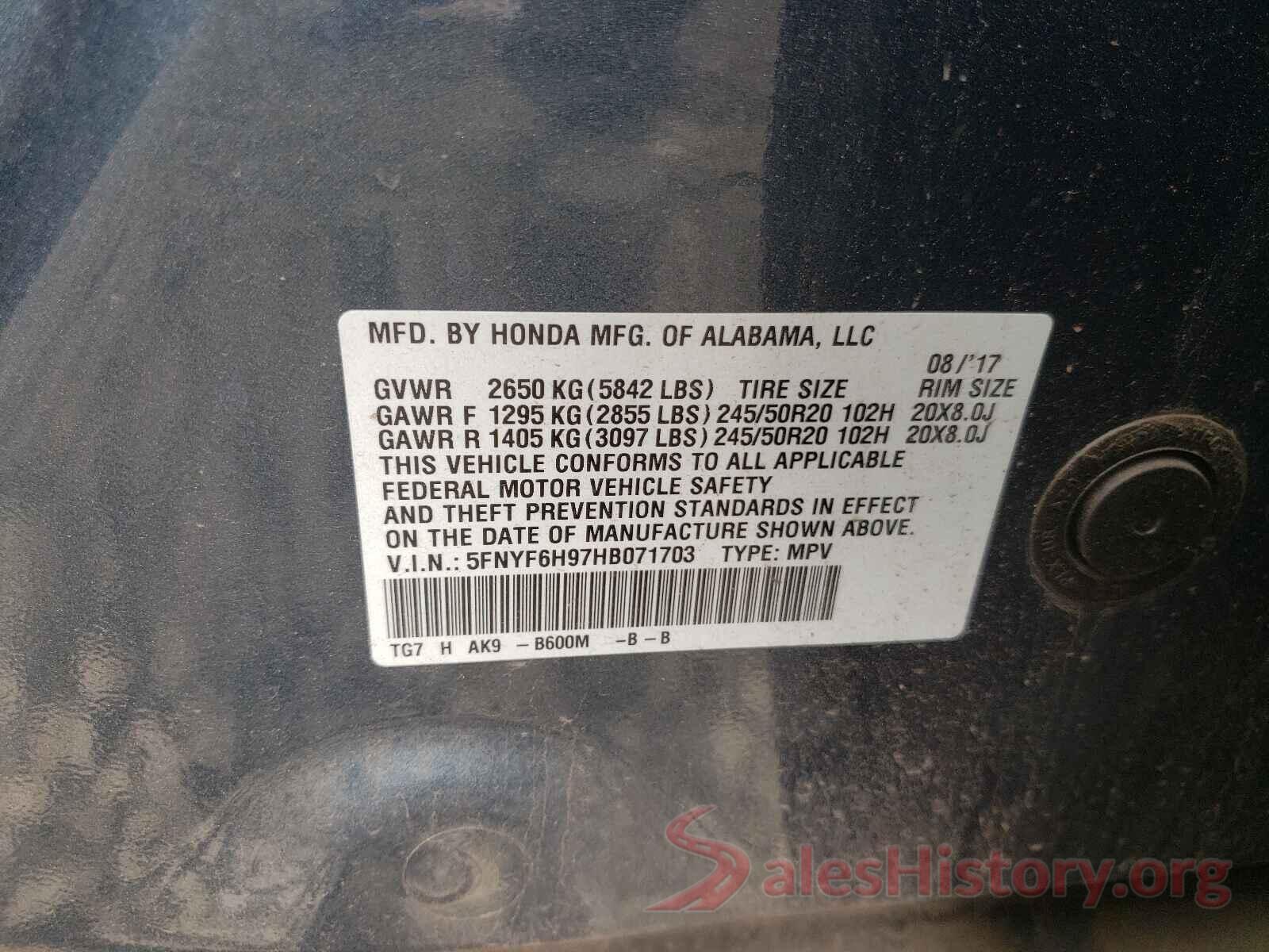 5FNYF6H97HB071703 2017 HONDA PILOT