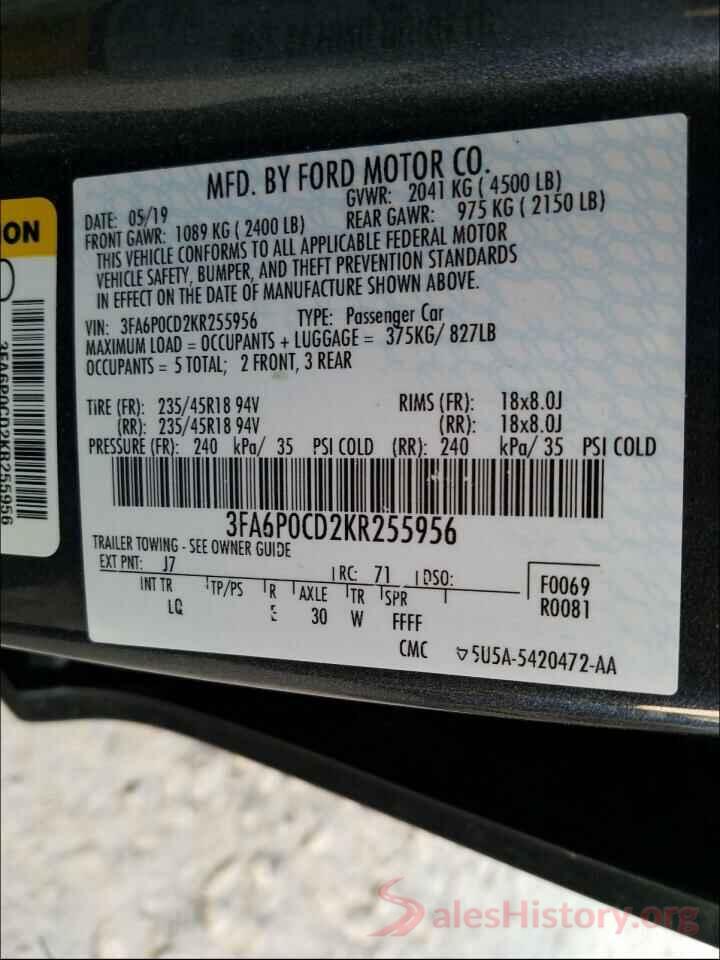 3FA6P0CD2KR255956 2019 FORD FUSION