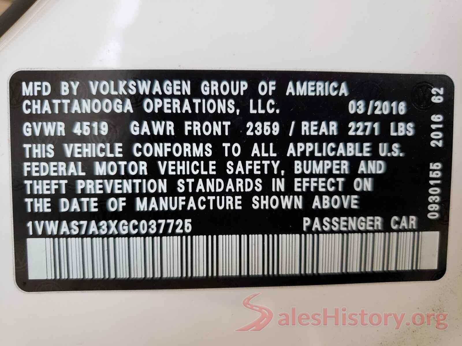 1VWAS7A3XGC037725 2016 VOLKSWAGEN PASSAT