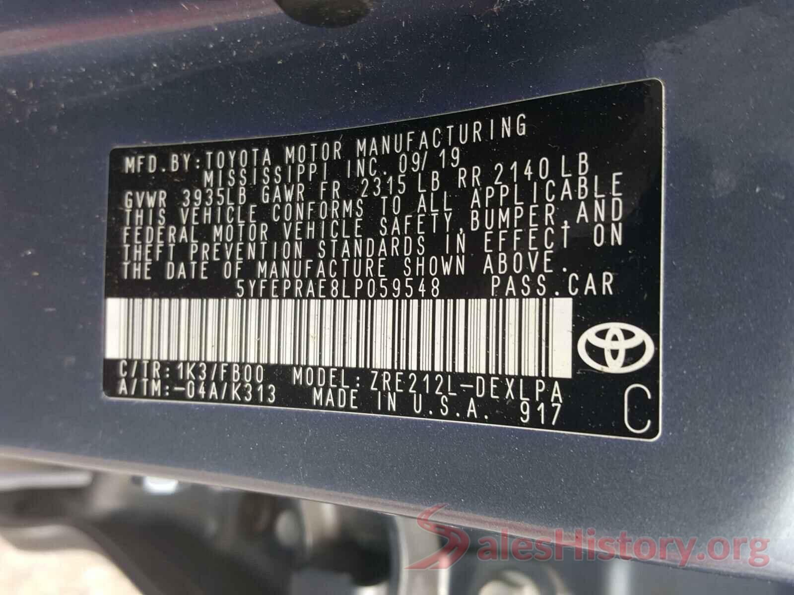 5YFEPRAE8LP059548 2020 TOYOTA COROLLA